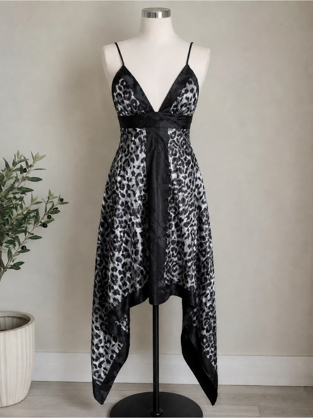 Y2K Black and Gray Leopard Satin Handkerchief Dress